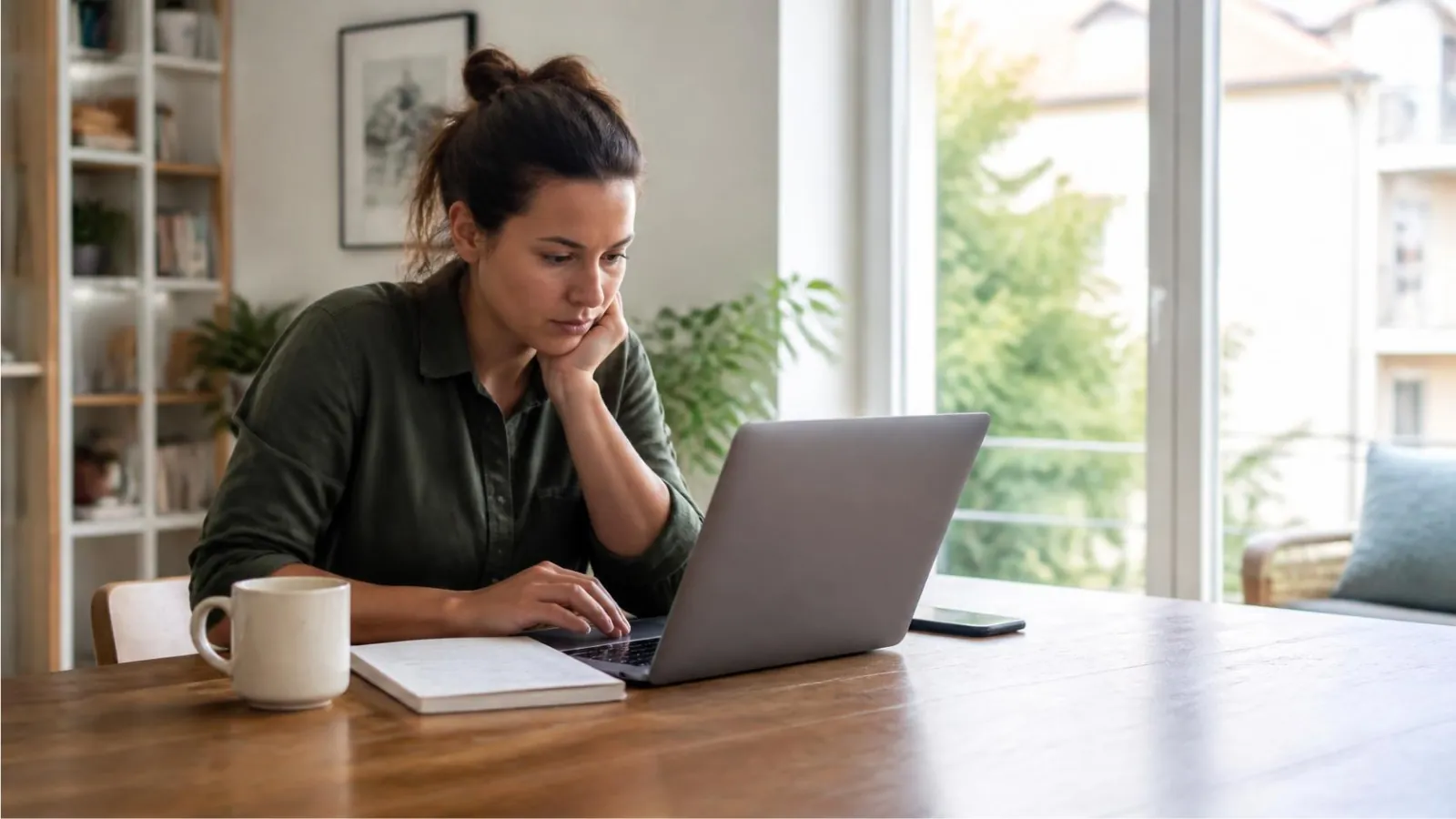 Une personne écrit un message depuis son ordinateur portable, à sa table