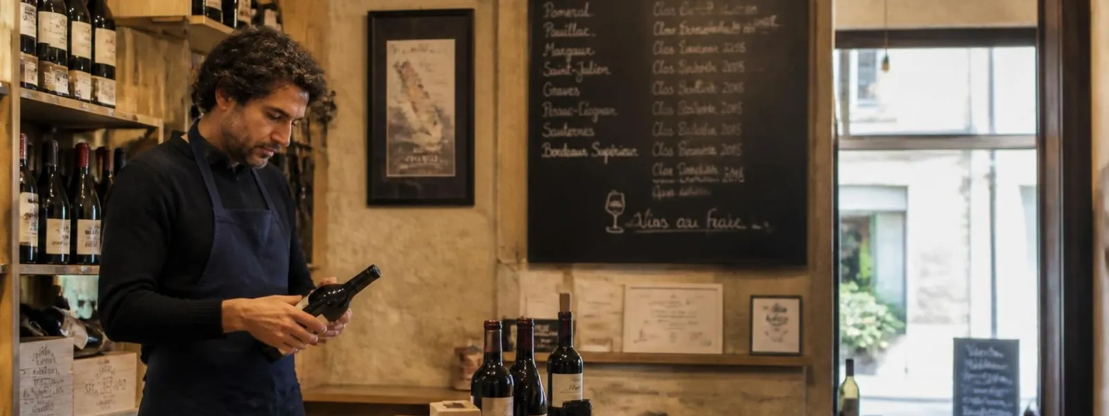 Un caviste examine une bouteille dans sa boutique, devant son ardoise d’appellations
