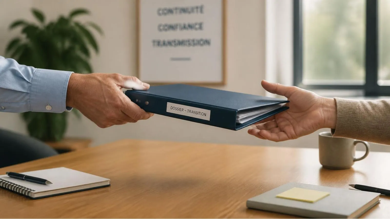 Une chemise de dossier passe d’une main à l’autre au-dessus d’une table