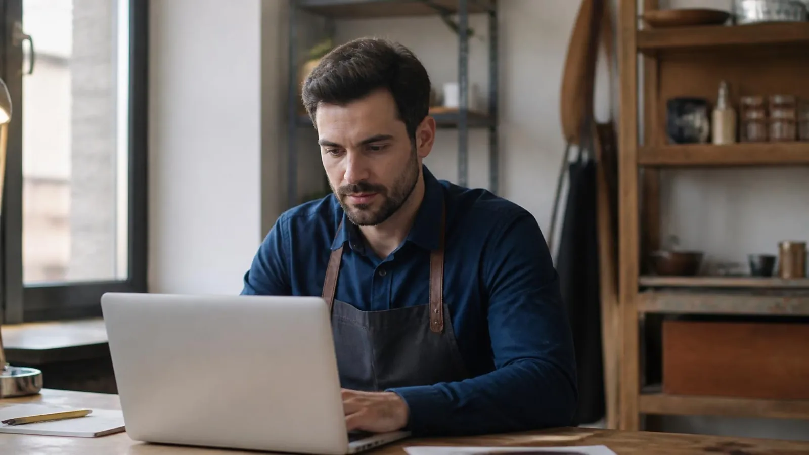 Un entrepreneur travaille seul devant son ordinateur dans son local